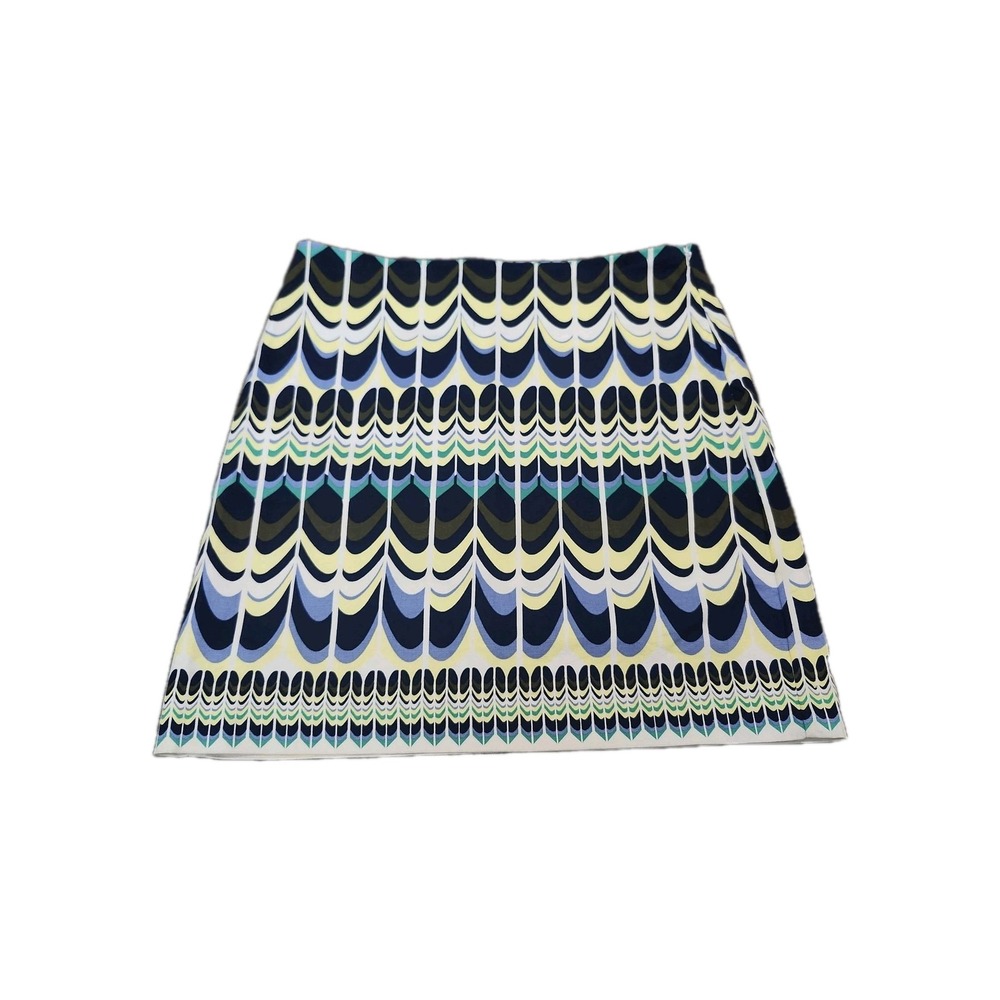 Talbots Petites 8P Skirt Blue Yellow Geometric Feather Print Cotton Blend Lined